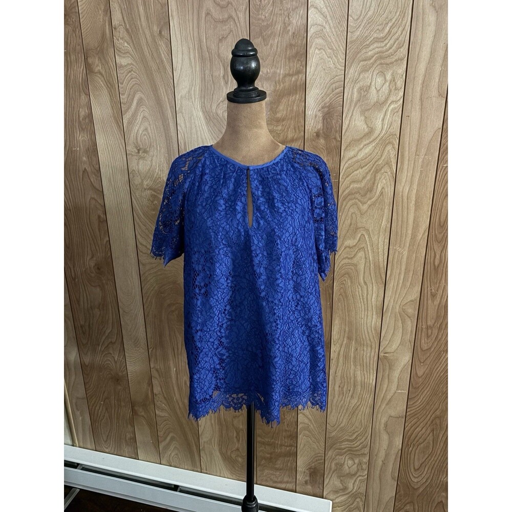 J.Crew Womens Royal Blue Floral Lace Keyhole Blouse LT Tall Short Sleeve Top